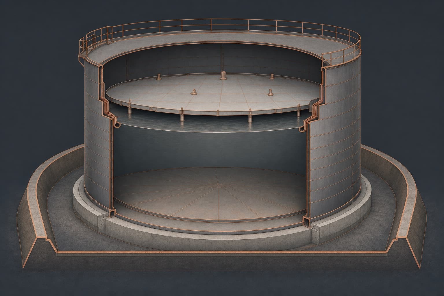 Cutaway of a welded storage tank: annular plate, shell courses, floating roof, ringwall and containment dike