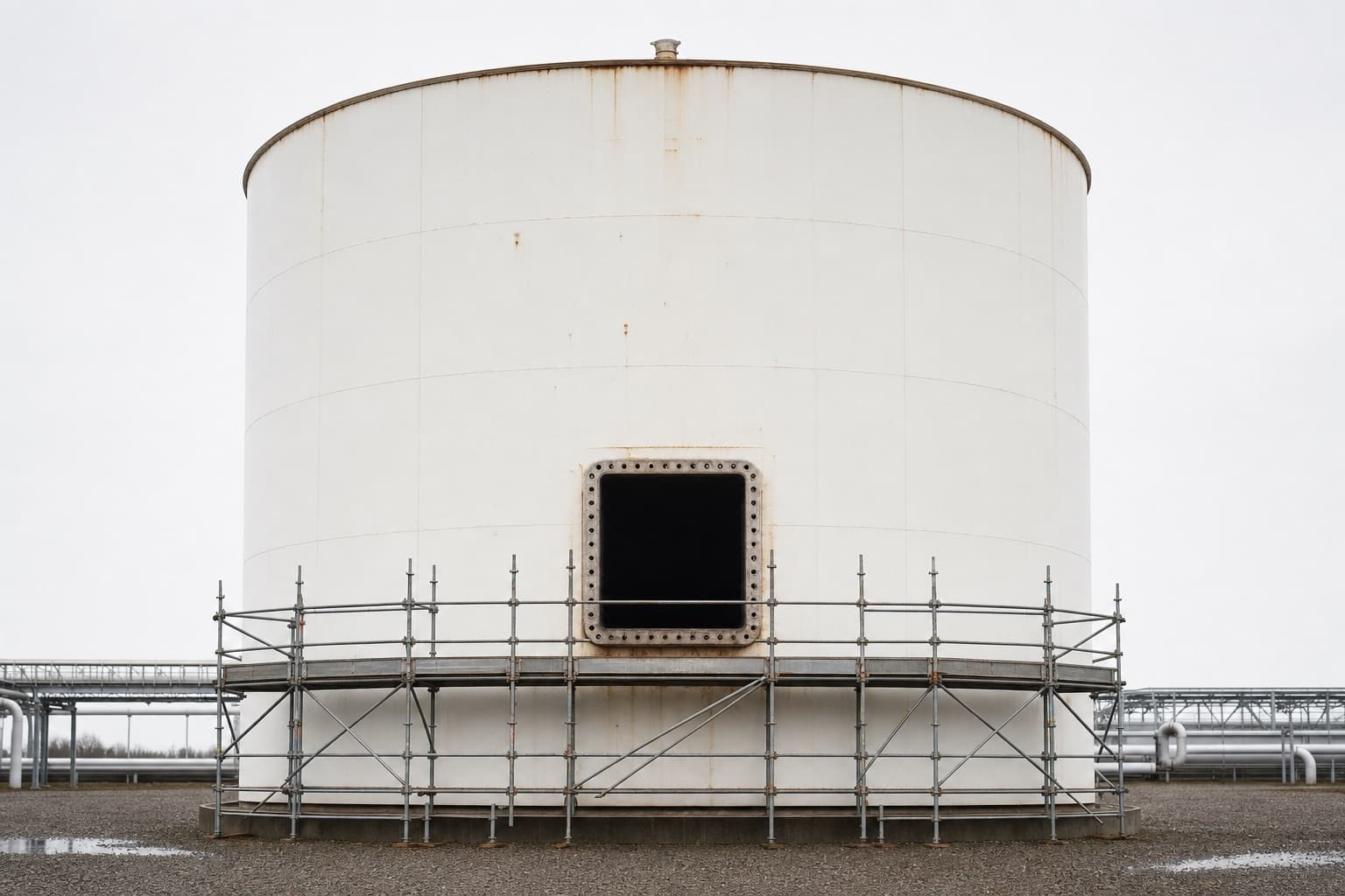 The same tank out of service with its shell manway removed and open, scaffolding at the base