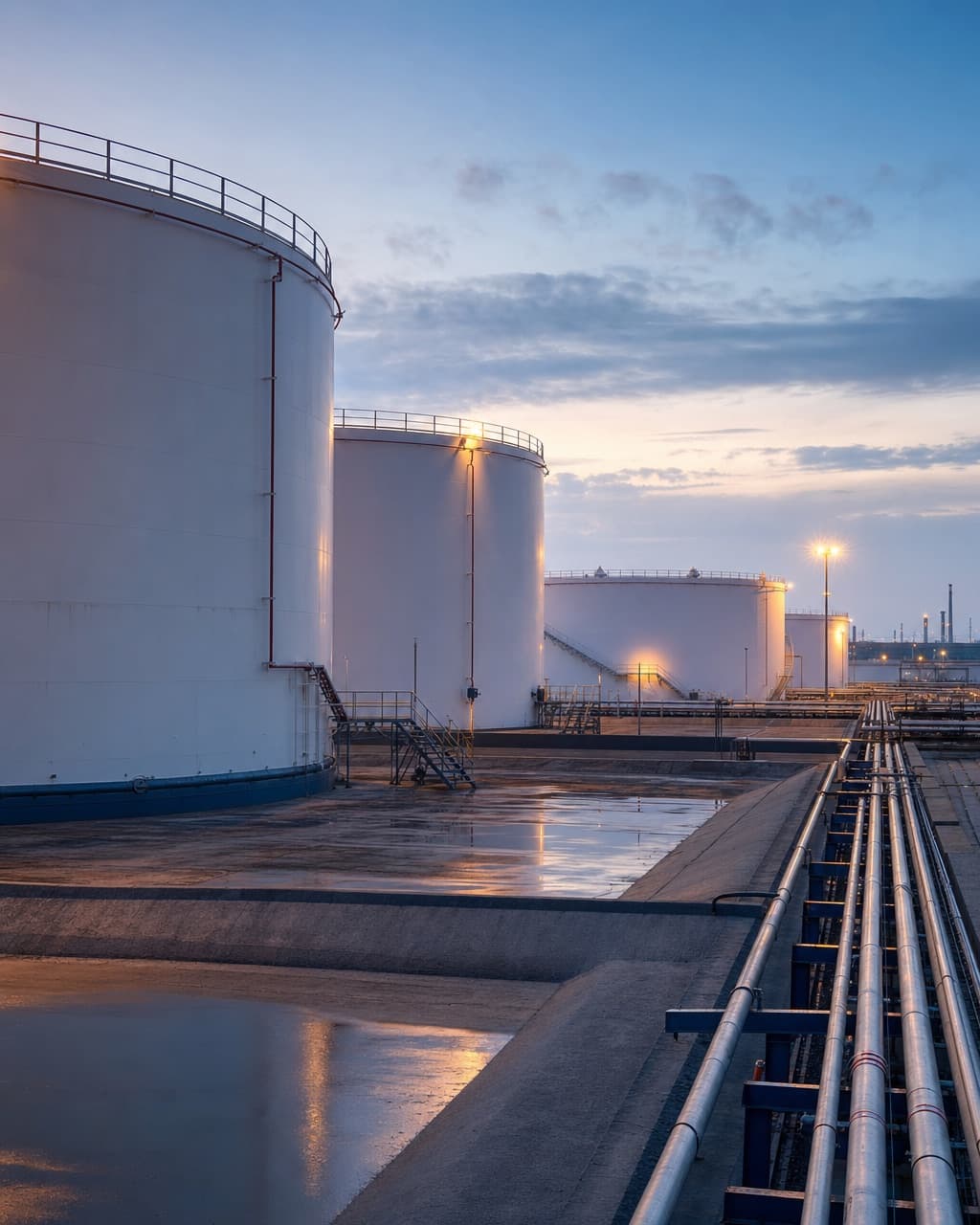 A row of large white aboveground storage tanks in a fuel terminal at dusk, with containment dykes and pipe racks