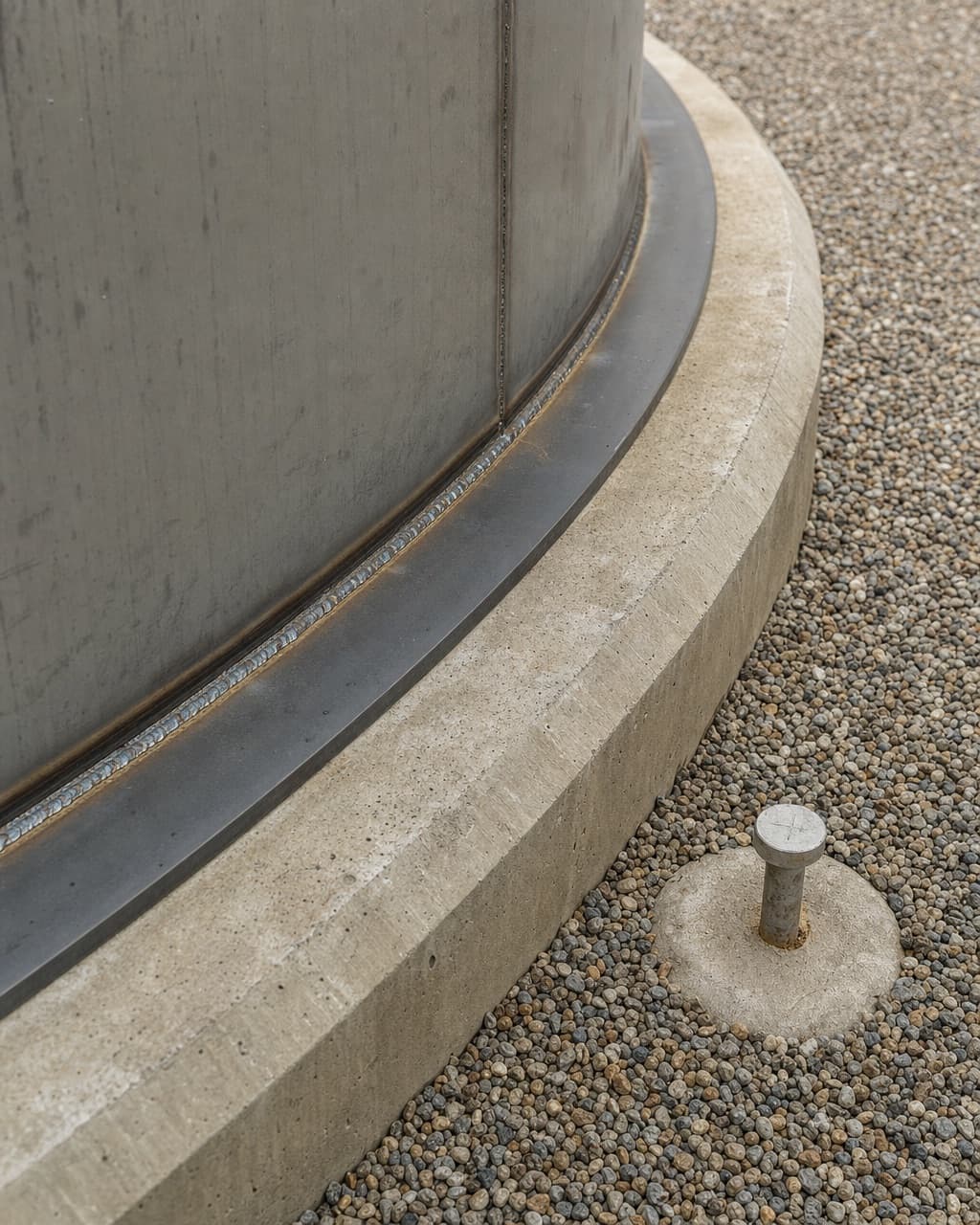The base of a storage tank where the shell meets its concrete ringwall foundation, annular plate weld visible