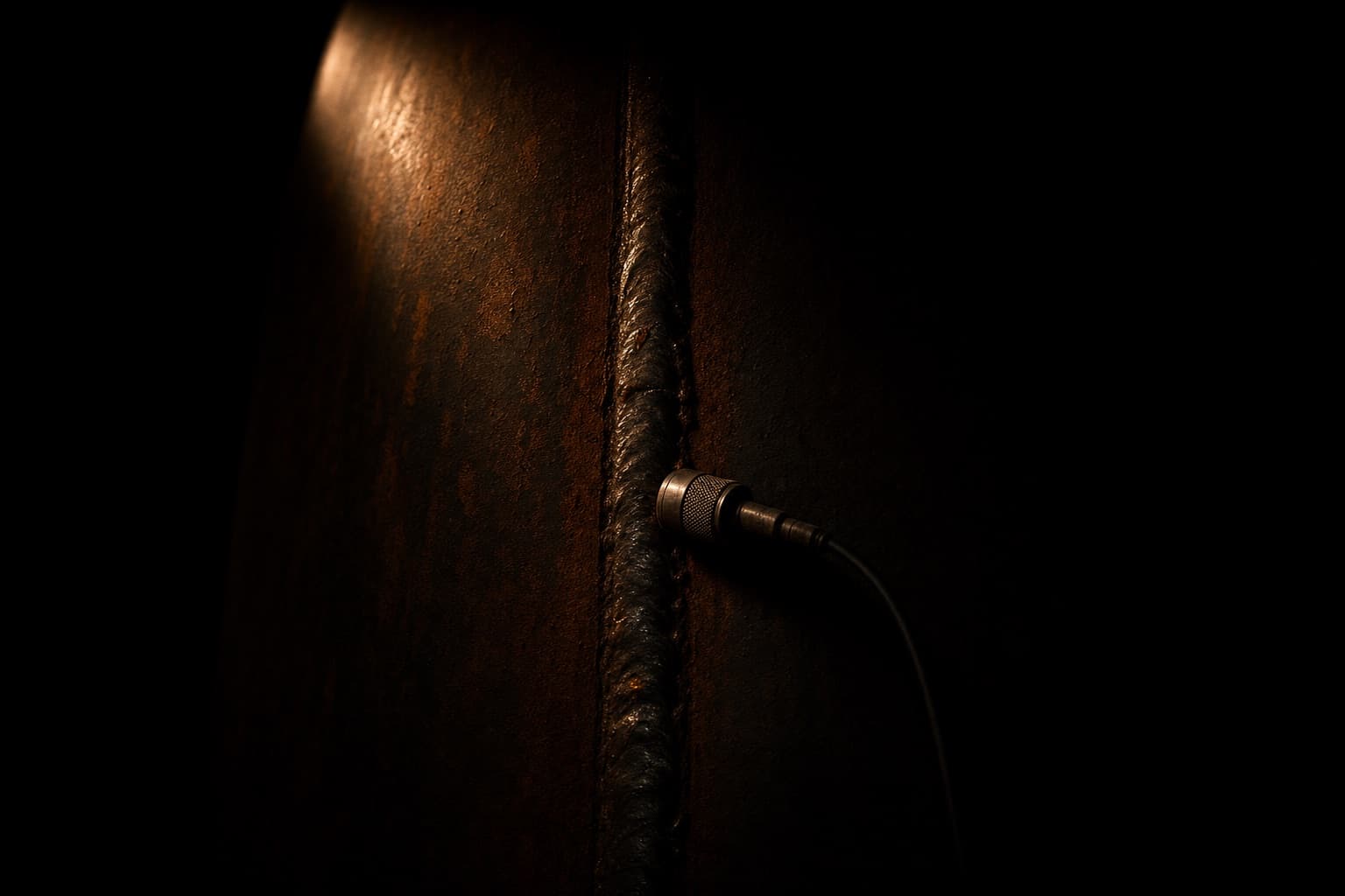 A vertical weld seam on the shell plate of a storage tank, lit by a single narrow beam, with an ultrasonic probe against the plate