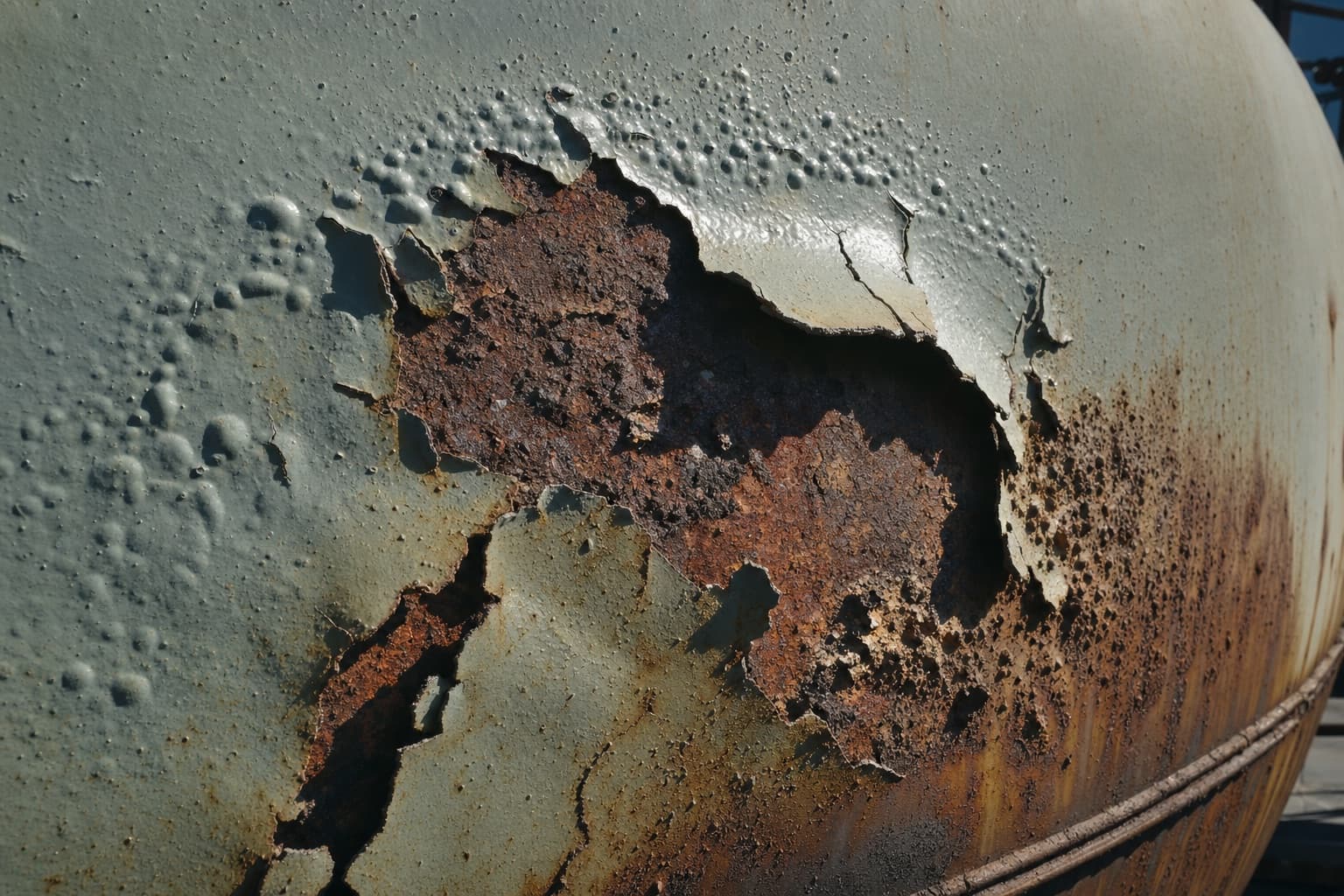 Corrosion breaking through the coating on a steel tank shell, rust staining the paint below the failure