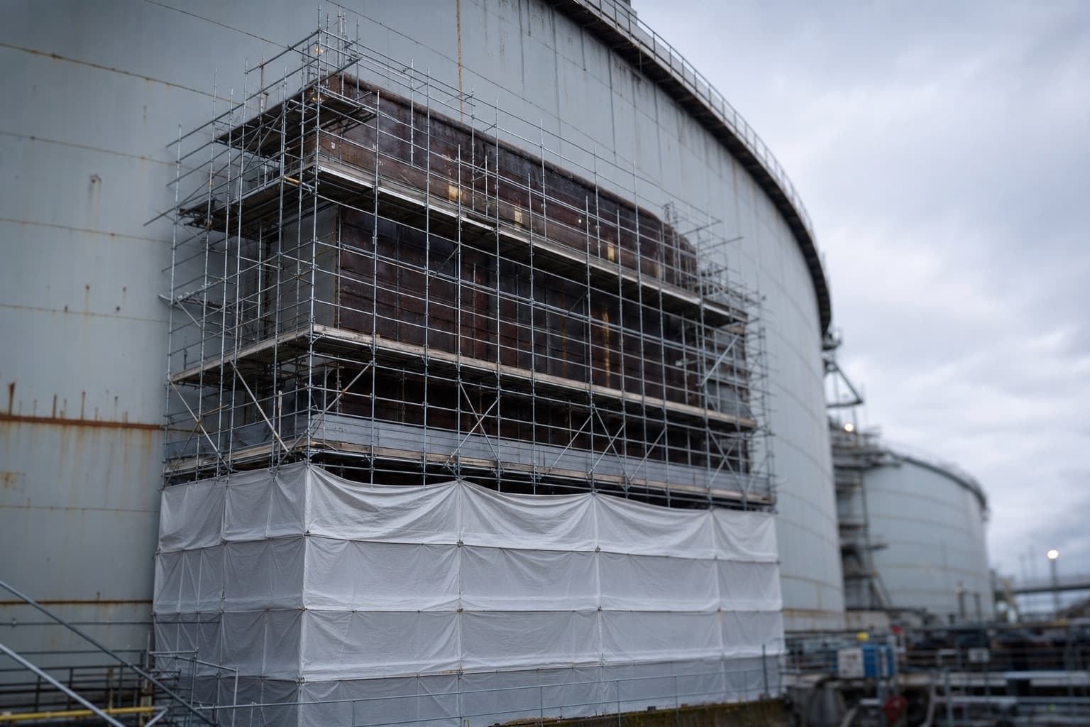 Scaffolding erected around one section of a large tank shell, containment sheeting hung below