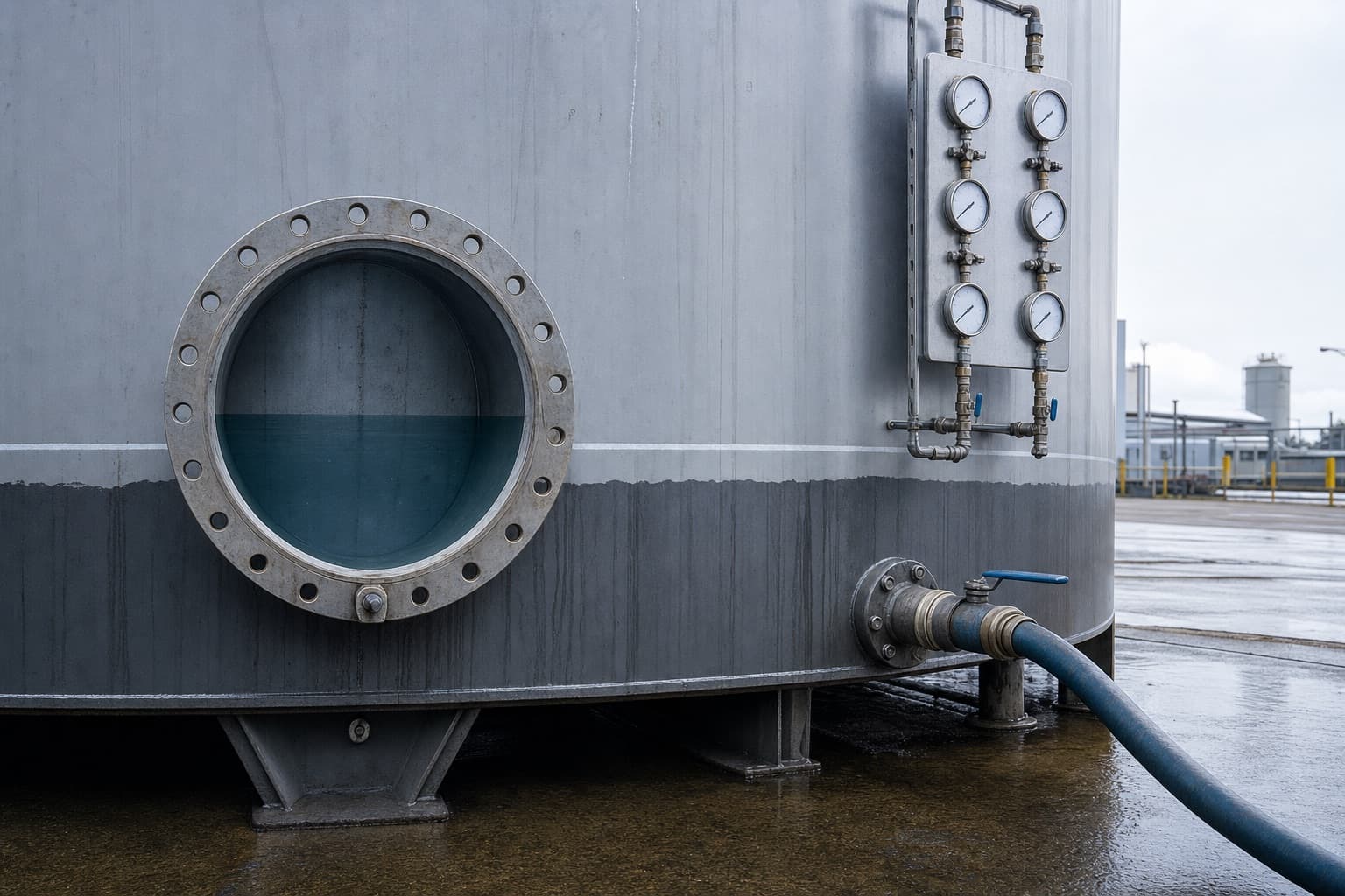 Containment sumps and gauging equipment at grade, the tanks themselves out of sight below the concrete