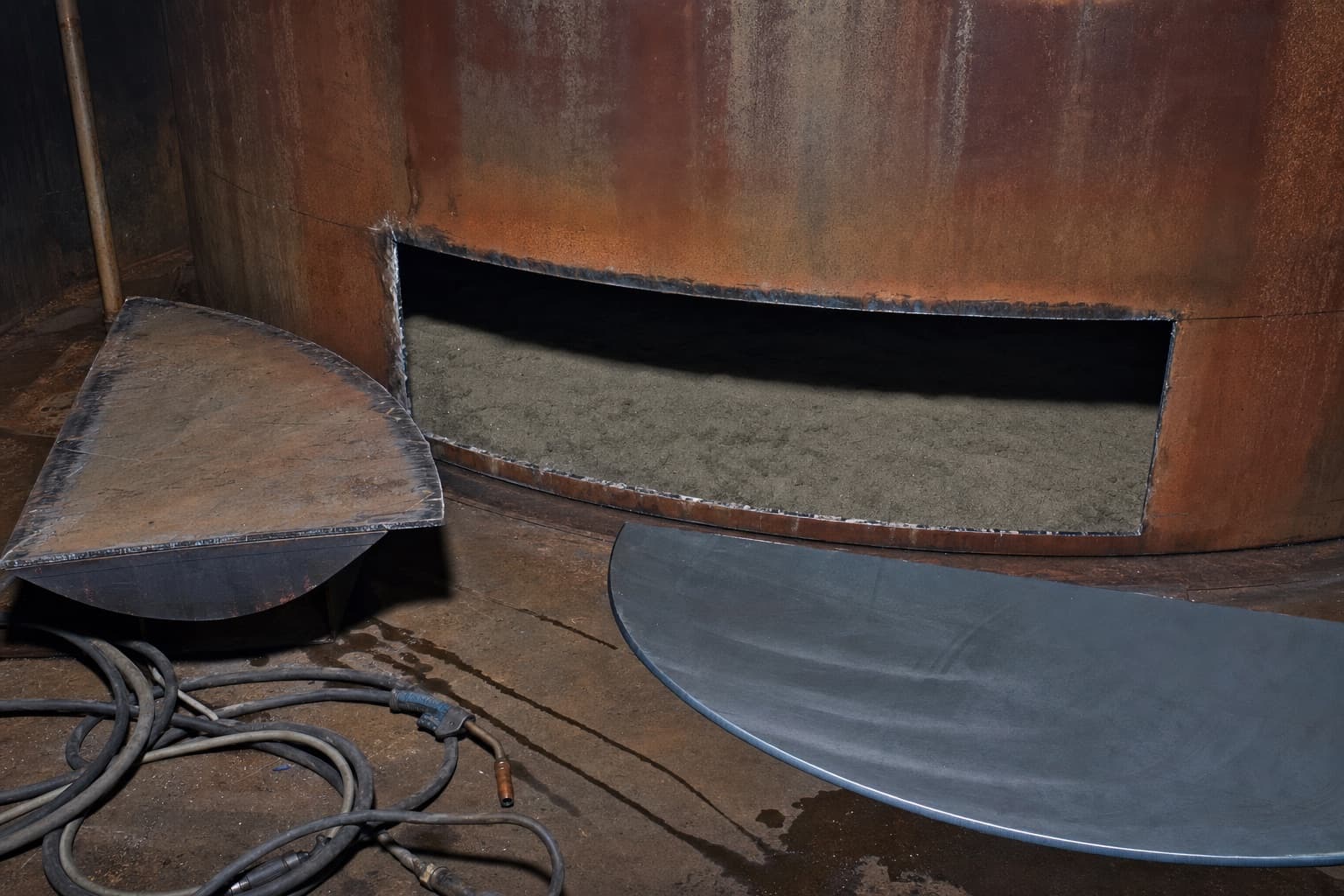 Tank bottom plate replacement in progress, a section cut away and new plate laid alongside