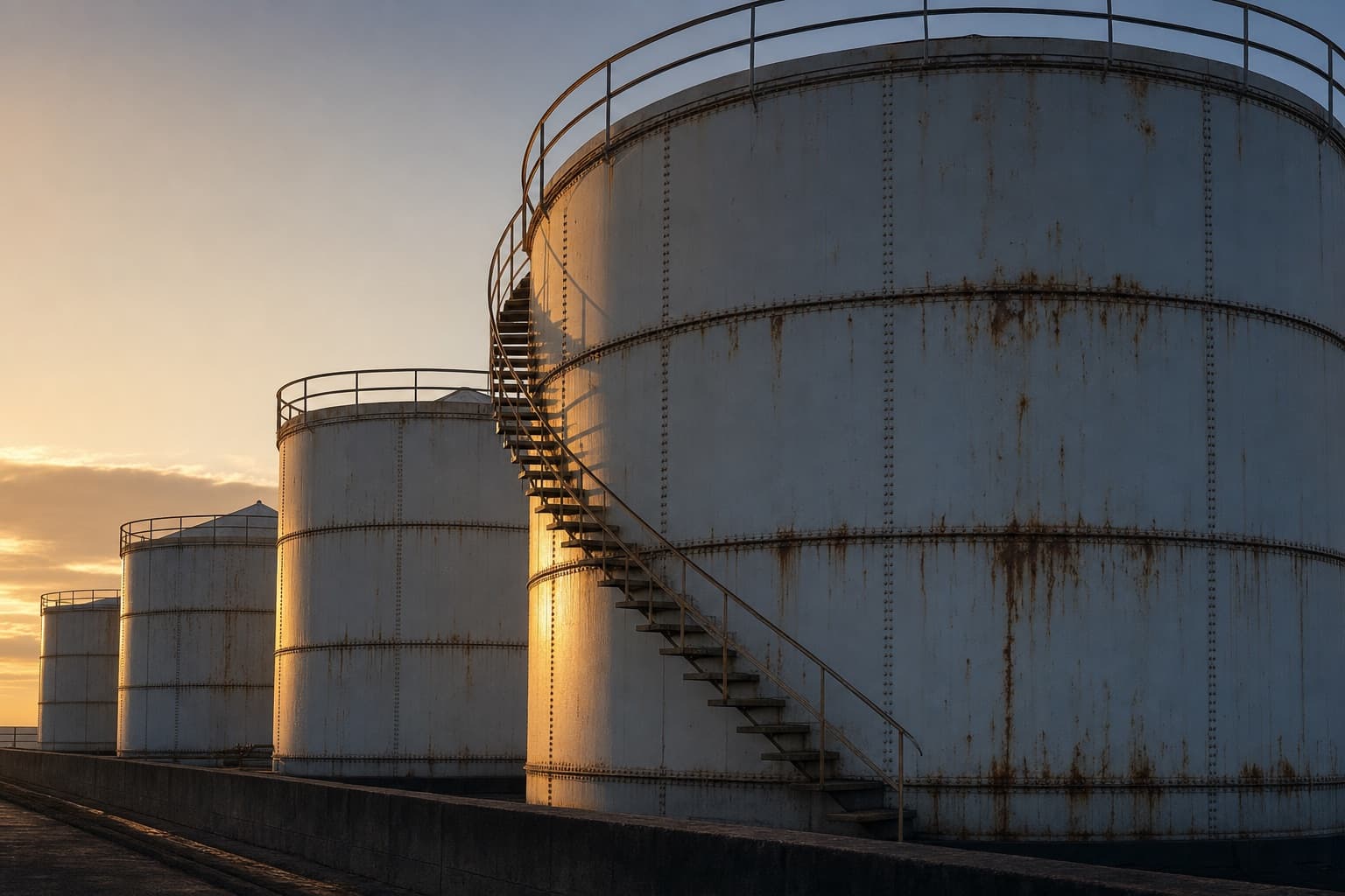 A row of white steel oil storage tanks at sunset, a spiral stairway climbing the nearest shell
