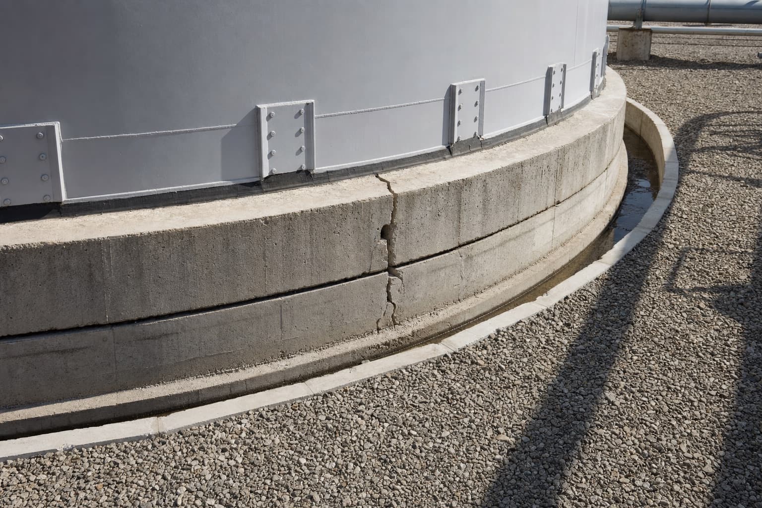 The concrete ringwall foundation of a steel tank, the chime and grout line running above it