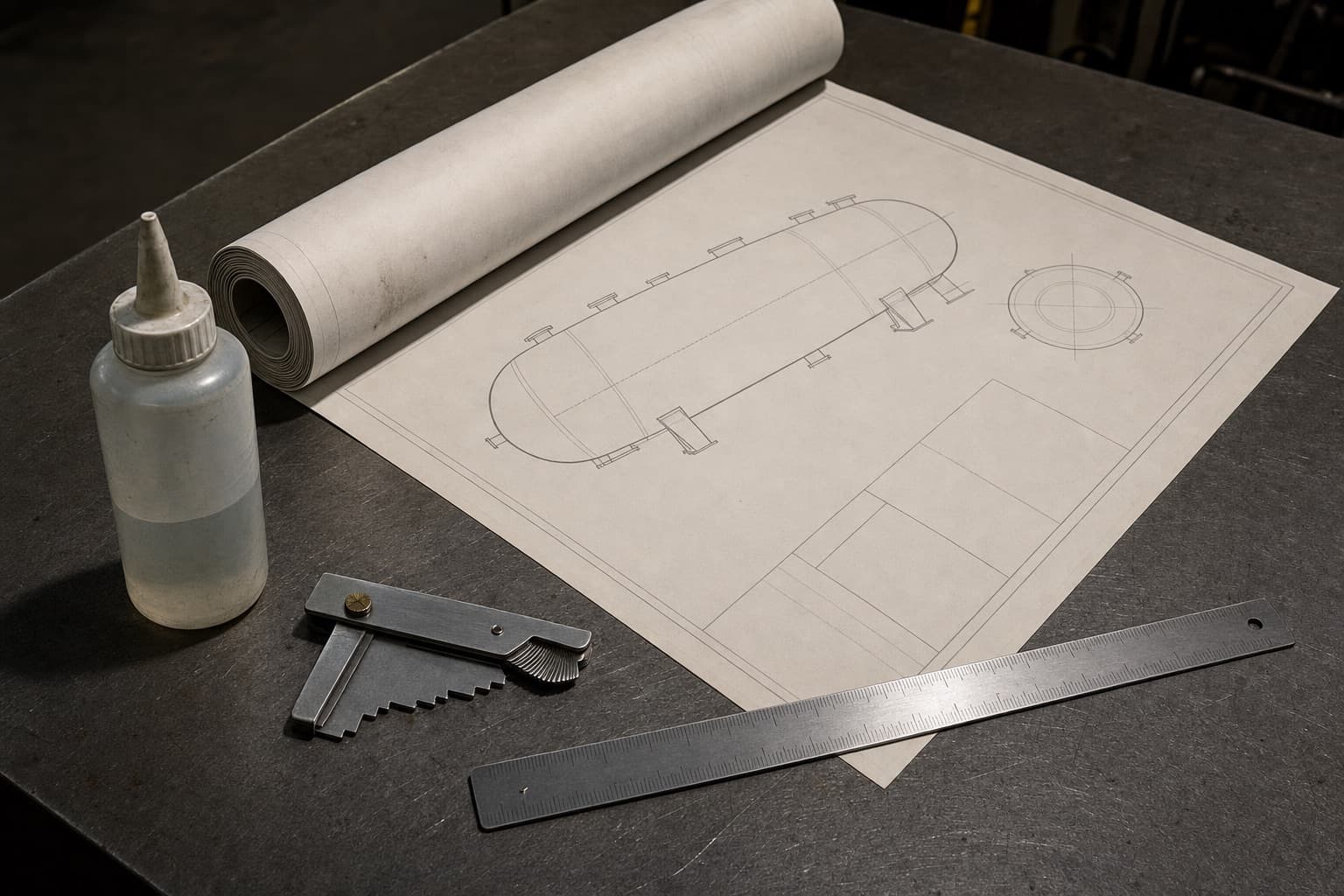 A rolled tank drawing, a pit gauge and a steel rule laid out on a steel workbench