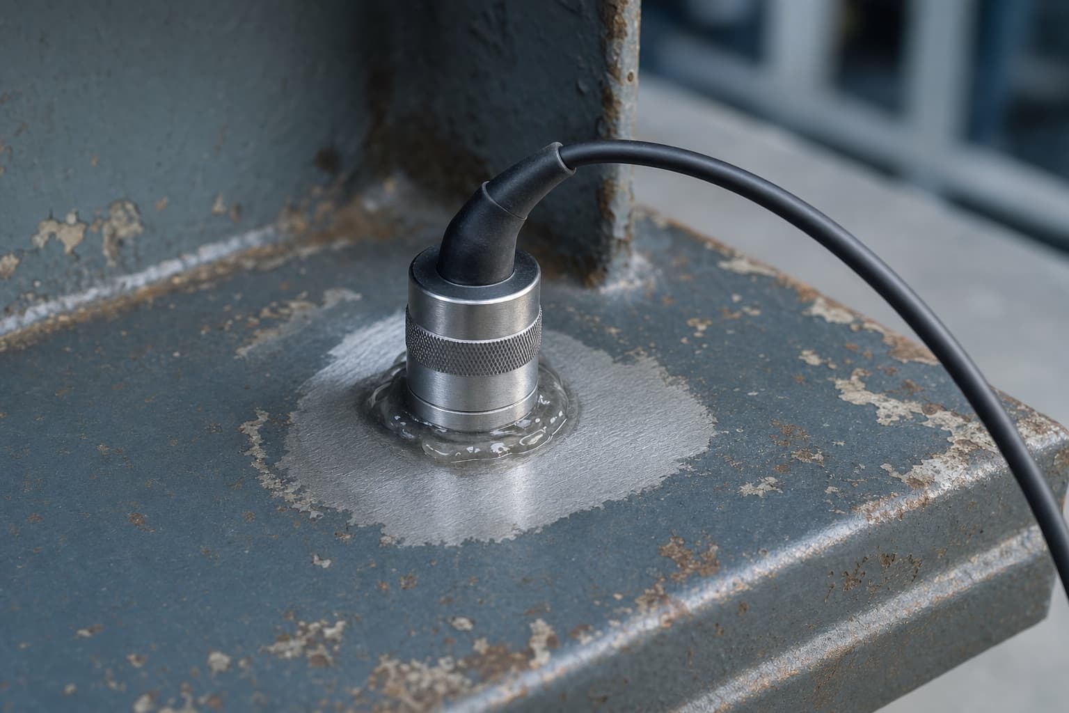 An ultrasonic thickness probe with couplant pressed to a ground-clean spot on painted steel